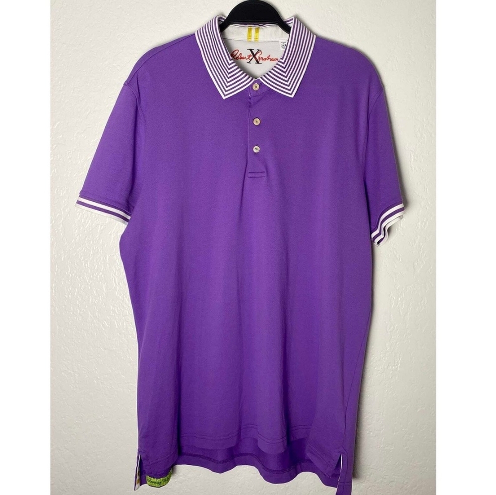 Robert Graham Purple Golf Polo Tailored Fit White Striped Collar